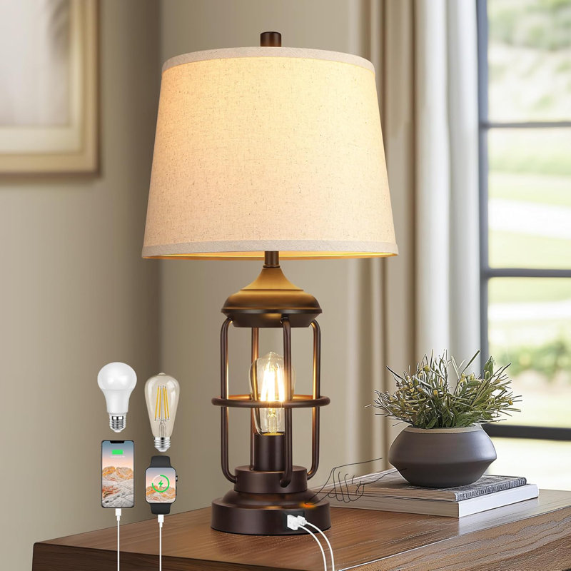 Lampe de table de salon avec ports USB, lampe de chevet à intensité variable à 3 voies avec veilleuse à DEL, table de chevet rustique décor de chambre à coucher (ampoules 2700K incluses)