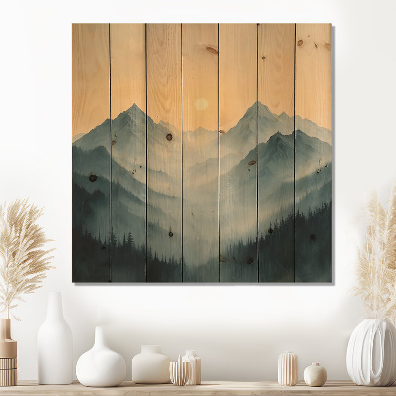 Misty Mountain Sunrise II - paysage de montagne, décoration murale en bois - sur bois de pin naturel