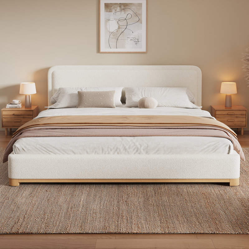 Linen Upholstered Platform Bed With Thick Headboard & Rubberwood Frame, White, King
