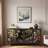 Metal Iron Frame Sideboard With Stained Tropical Plant Glass Doors, Golden Handles And Sturdy Legs