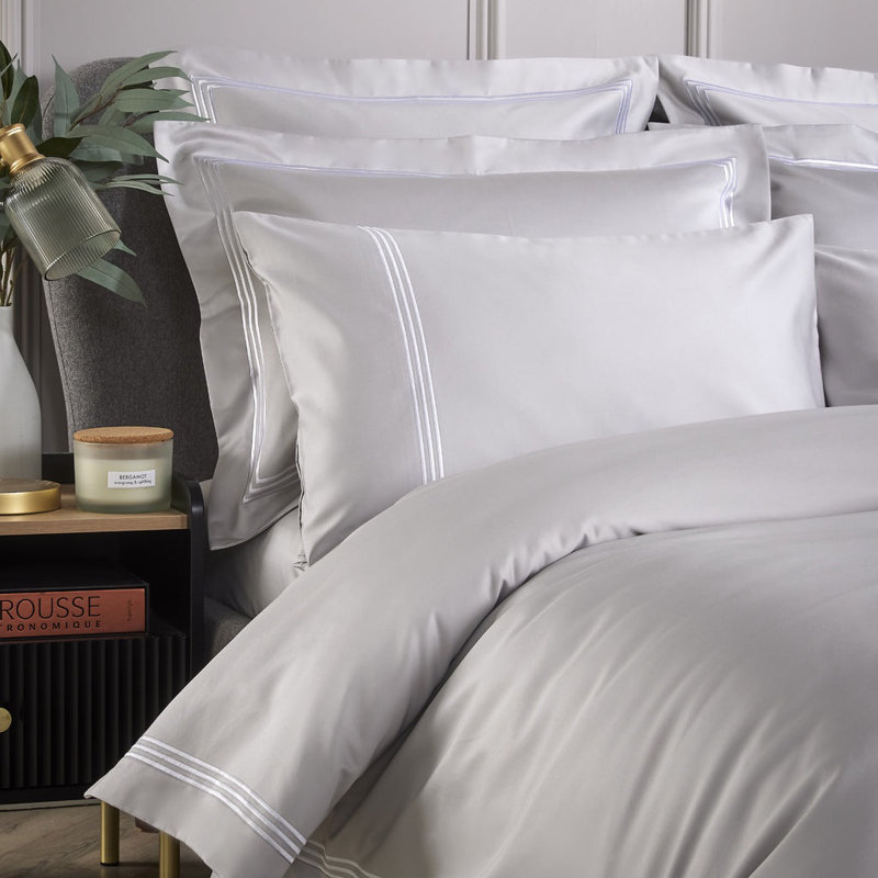 800 Thread Count Triple Row Embroidered Sateen Duvet Cover, Super King Duvet Cover, Grey/White