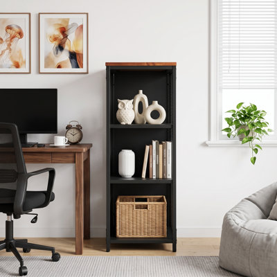 Bibliothèque industrielle de rangement ouverte à 3 niveaux, étagère de rangement en treillis autoportante avec cadre en métal et plateau en bois de pin massif, grande armoire de rangement latérale de 15,7 po x 15,7 po x 41,3 po pour le bureau de la chambre à coucher