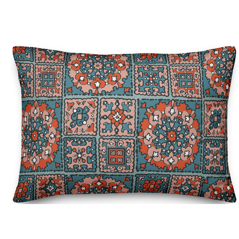 Geometric Blue and Orange Folk-Inspired Lumbar Pillow
