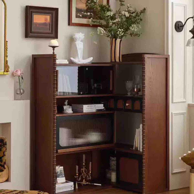Medieval-Style Red Oak Sliding Corner Glass Door Bookcase