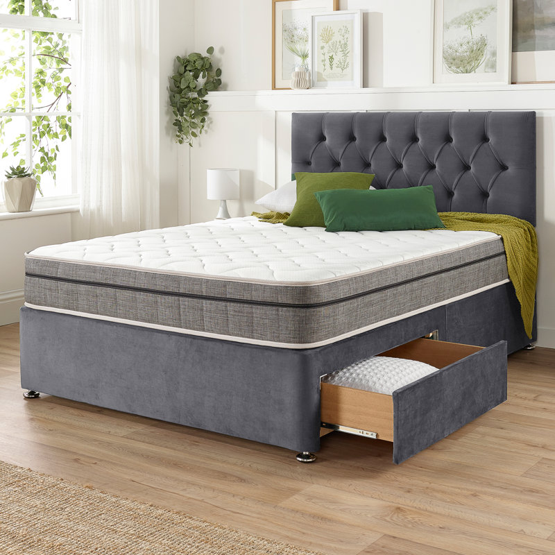 Opie Upholstered Bed with Mattress, Small Single (2'6), 2 Drawers, Grey