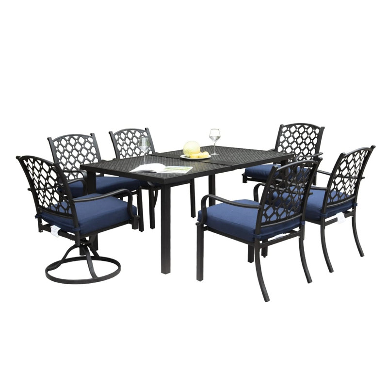 Ensemble de 7 chaises de patio en métal, coussins bleu marine, structure en fer pour le jardin extérieur