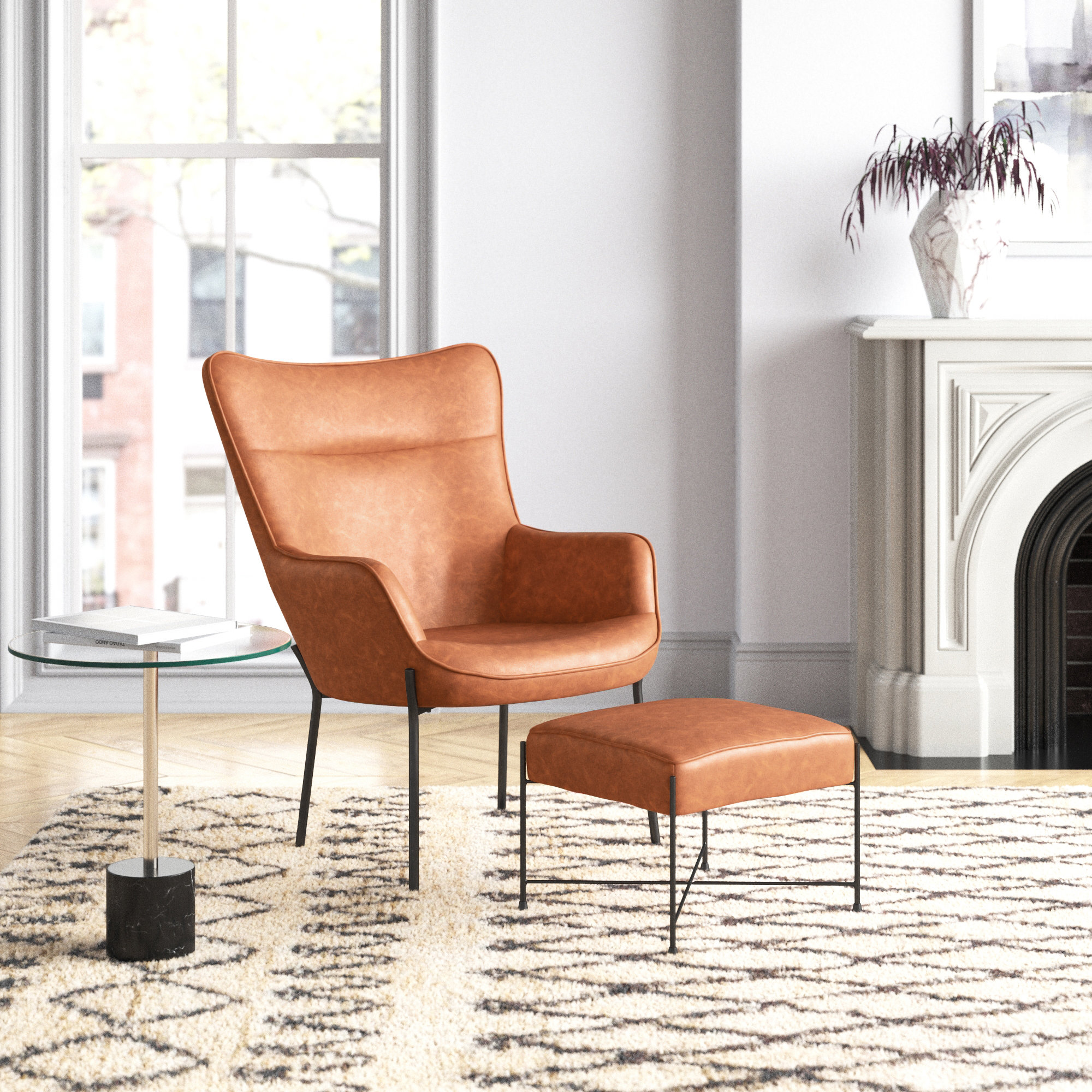 Ottoman Wayfair White Leather Chair Corrigan Studio® Mid Century