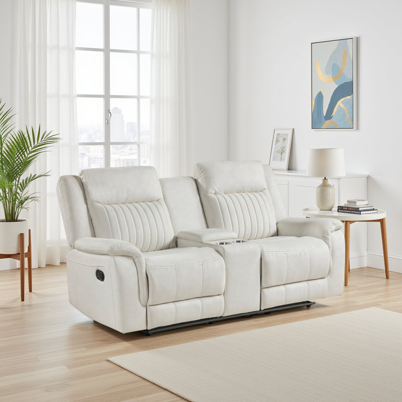 Cloran 75" Modern & Contemporary Polished Microfiber Double Reclining Loveseat with Center Console Storage, Cup Holders and Contrast Piping.