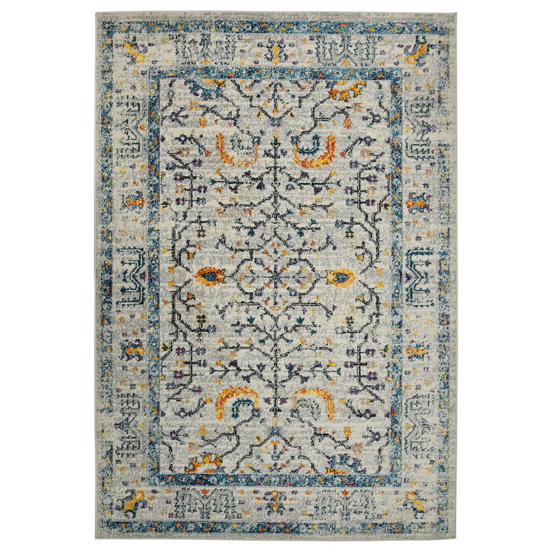 Tapis bleu / jaune Aleyssa, Rectangle 3 pi 3 po x 5 pi