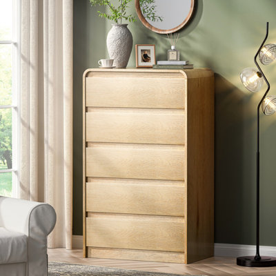 Tall Dresser with 5 Drawers, 45" Modern Wood Chest of Drawers & Closet Organizer, Skinny Cabinet with Curved Design for Bedroom, Living Room, Hallway (Natural, 5 Drawer)