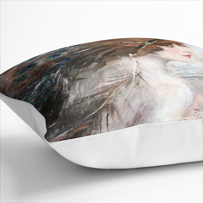 Woman With Peacock Feathers Square Throw Cushion, White, 40cm H x 40cm W x 15cm D