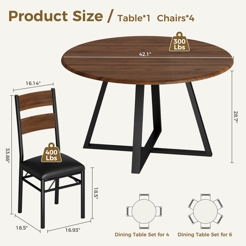 Ensemble de table de salle à manger 5 pièces pour 4, 42,1 po avec 4 chaises à haut dossier, Dark Brown/Black