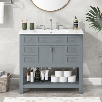 Meuble-lavabo 36 po avec lavabo supérieur, armoire de rangement moderne avec 2 portes à fermeture douce et 6 tiroirs, meuble-lavabo simple