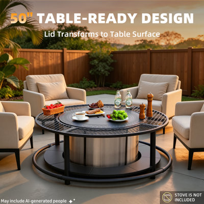 Table d’extérieur pour foyer extérieur de 50 pouces - avec 2 grilles de gril, tablette de rangement en bois de chauffage et barrière de protection, espace supplémentaire et sécurité pour foyer sans fumée (poêle non inclus)