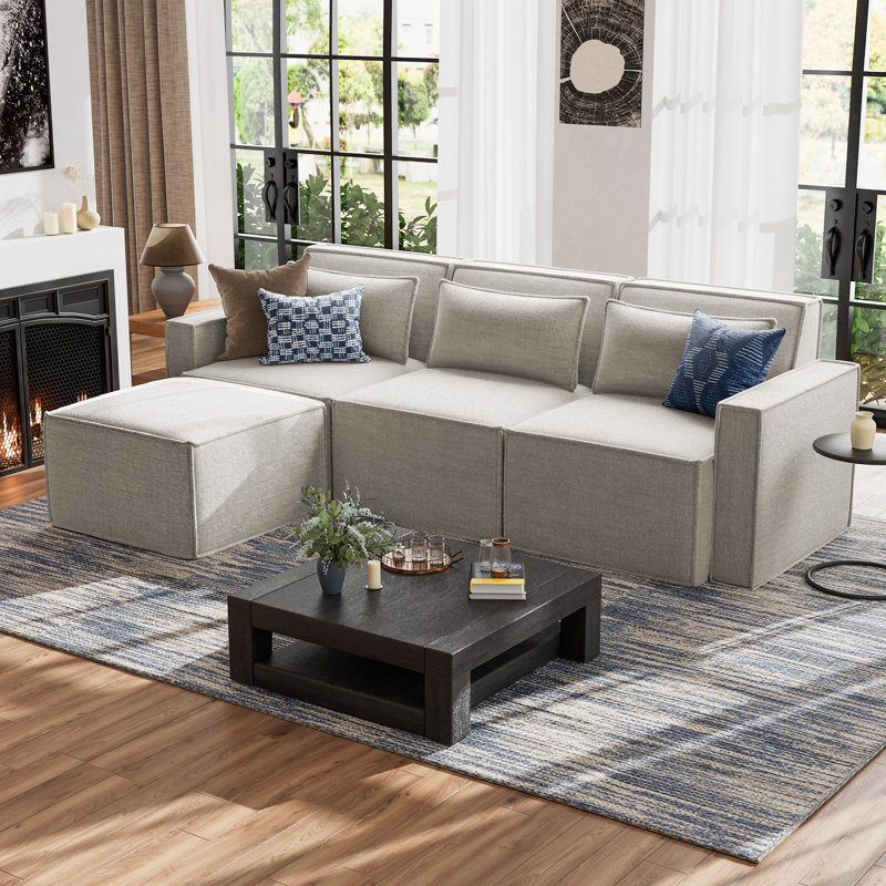 Canapé modulaire rembourré 4 pièces Taufner, 100 % lin beige