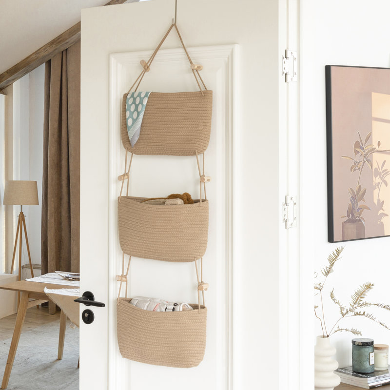 Overdoor Hanging Storage Basket with Hook, 3 Cotton Rope Woven Wall Basket Organizer, Beige