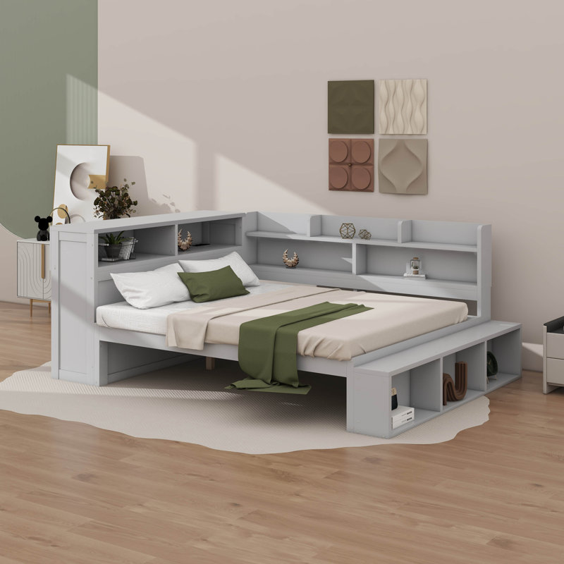 Lit de jour en bois avec armoires de rangement, étagère à chaussures et rangement sous le lit, lit d'angle avec port USB