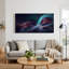 Art sur toile, rubans tourbillonnants bleu sarcelle et mauve sur fond sombre-993637831