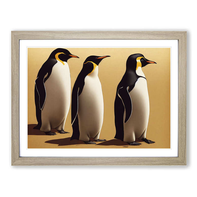 XH1022-9228X Trio Of Penguins - Single Picture Frame Print, 46cm H x 64cm W x 2cm D, Oak