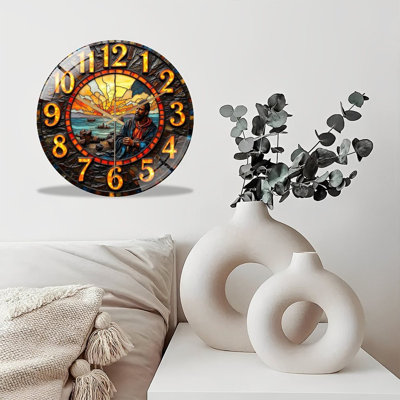 Horloge murale silencieuse en verre trempé de 30 cm, « Horloge murale artisanale représentant un coucher de soleil vintage », sans tic-tac, fonctionne avec des piles AA (non incluses), décoration artistique pour la maison