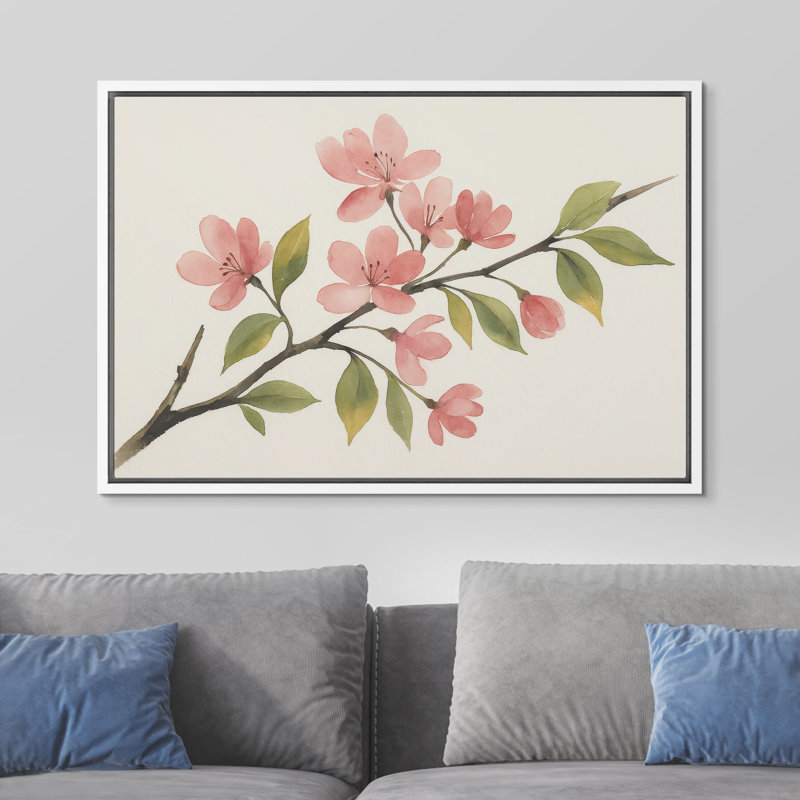 "Pink Spring Blossom Branch", reproduction d'art sur toile encadrée, H 24 po x l 36 po x P 1,5 po, Blanc