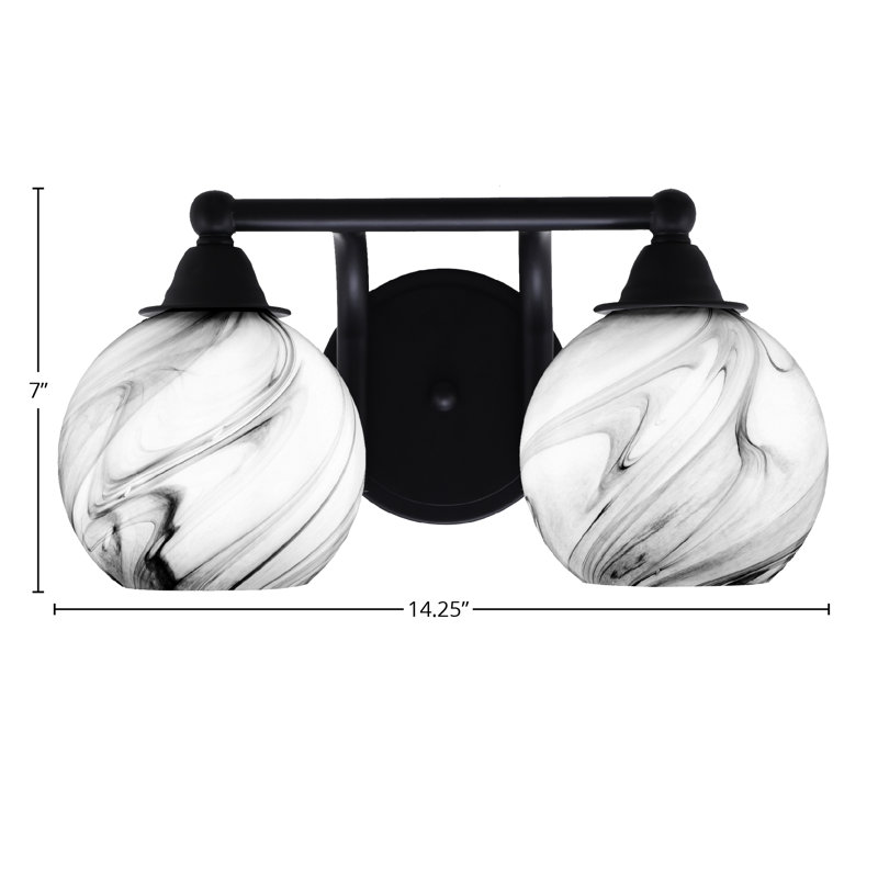 Barre d'éclairage de salle de bain 2 lumières Solvey avec fini noir mat et verre de 5,75 po, Blanc / Gris