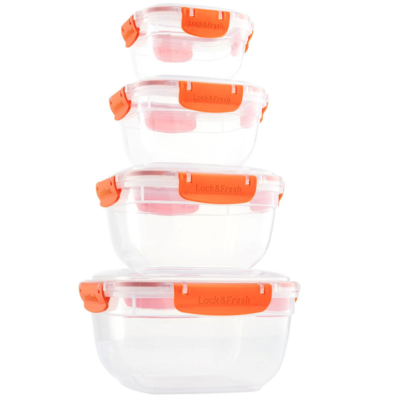  Contenant alimentaire en plastique hermétique, ensemble de 4 bols transparents scellés avec couvercles, sans BPA, rectangulaire, orange