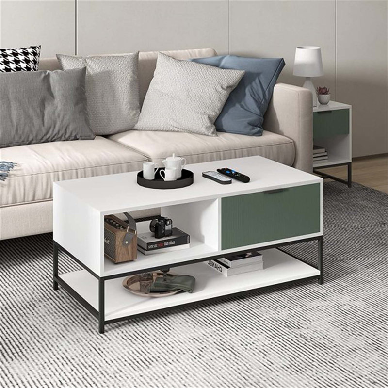 Table basse en bois blanc et vert avec tablettes et tiroir Watson