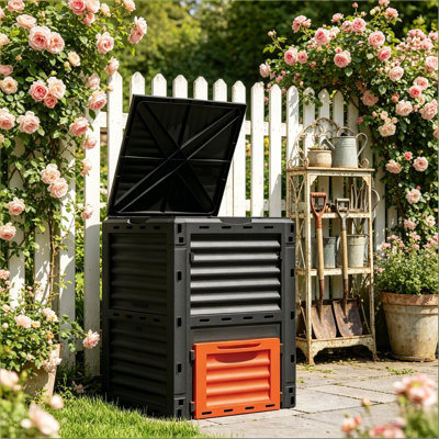 80 Gallon Outdoor Compost Bin, Black and Orange, Large Capacity
