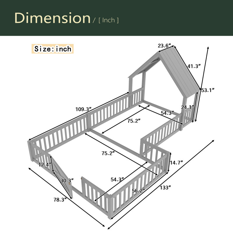 Lit de maison, lit de plancher avec porte et garde-corps pleine longueur, conception multifonctionnelle, Gris, Lit double