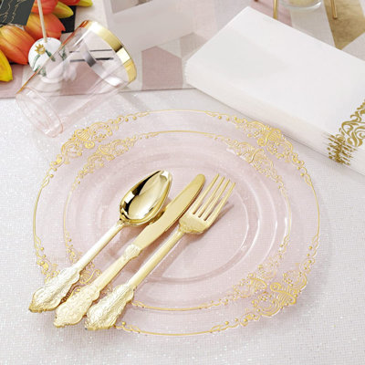 175 Disposable Plastic Plates With Gold Trim And Gold Silverware For 25 Guests - 25 Dinner Plates, 25 Dessert Plates, 25 Knives, 25 Forks, 25 Spoons,