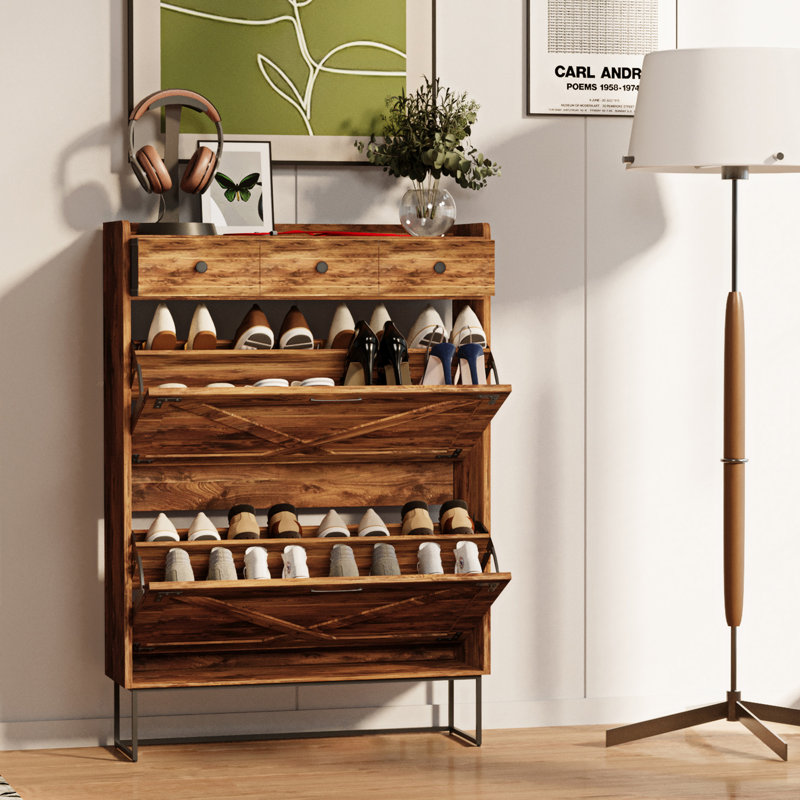 16-Pair Farmhouse Shoe Storage Cabinet with 3 Drawers for Entryway
