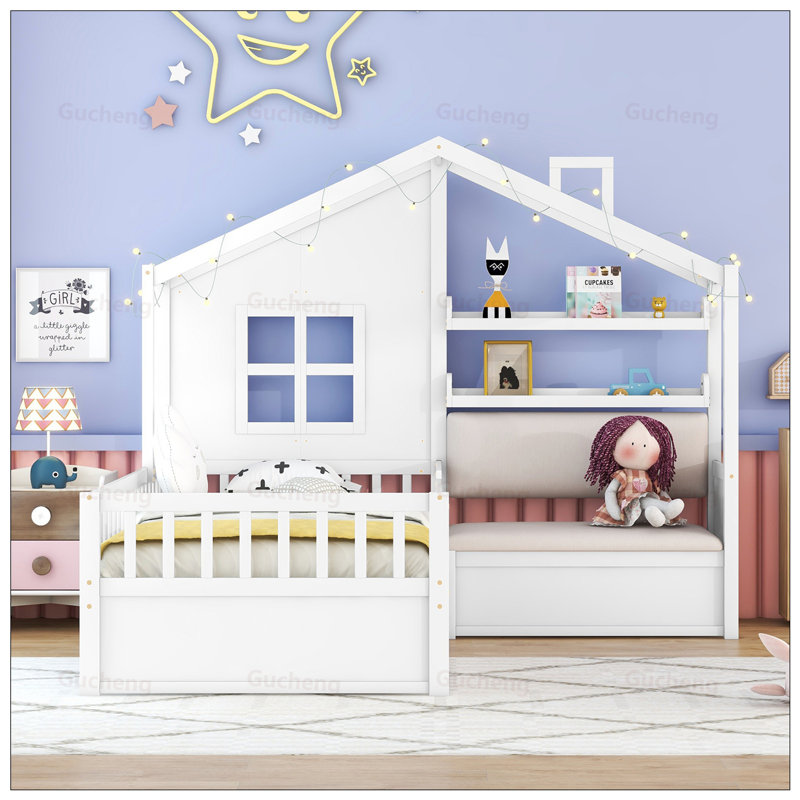 Structure de lit en forme de L avec tiroirs House, design ludique et amplement de rangement pour les chambres d'enfants, Gris