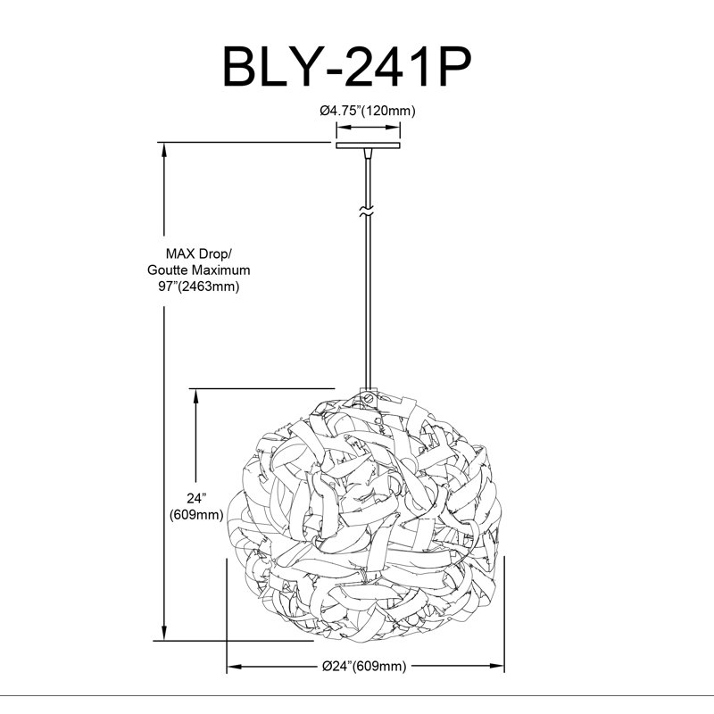 Luminaire suspendu en bambou 1 lumière Bailey - naturel, H 24 po x l 24 po x P 24 po