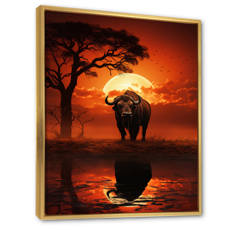 Red Red Buffalo Silhouette Serenade - Reproduction d'art sur toile, H 44 po x l 34 po x P 1,5 po, Cadre flottant doré