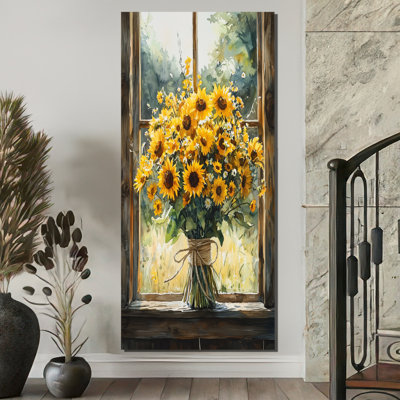 Tournesol Lignite et bouquet de pivoines à la grange I - art mural tournesols pour le salon