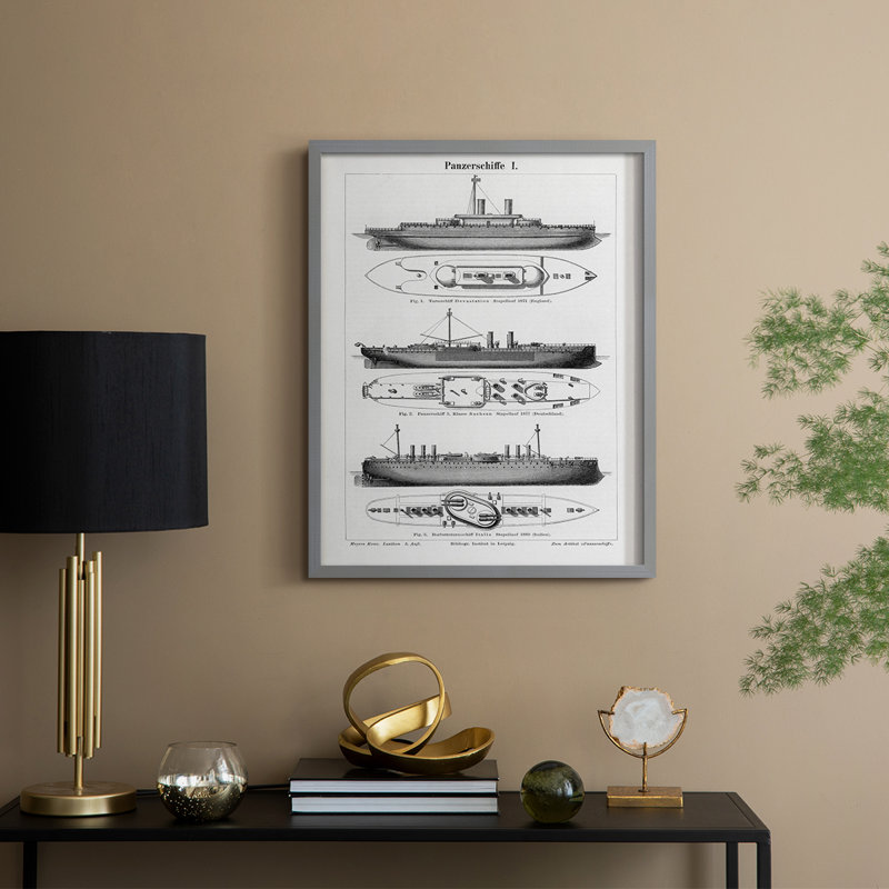 Reproduction encadrée de bateau industriel - bois massif, Gris, H 11 po x l 9 po