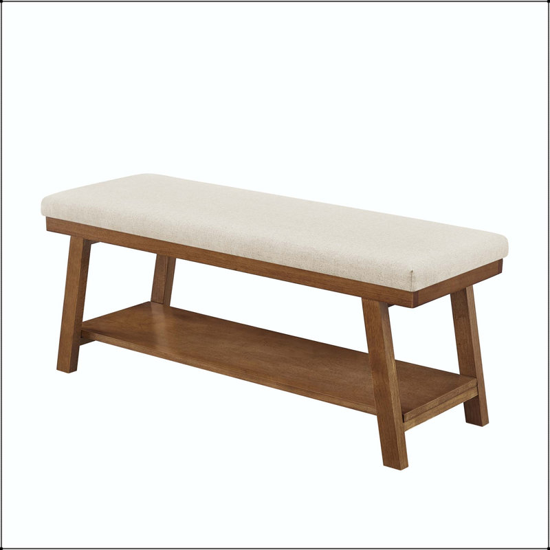 Banc rembourré en lin avec tablette de rangement inférieure - capacité de 350 lb, Beige, Beige