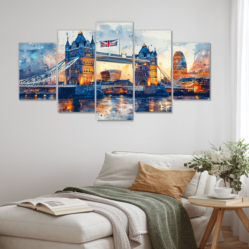 5 lumières au clair de lune sur un pont de Londres II - Angleterre, art mural traditionnel