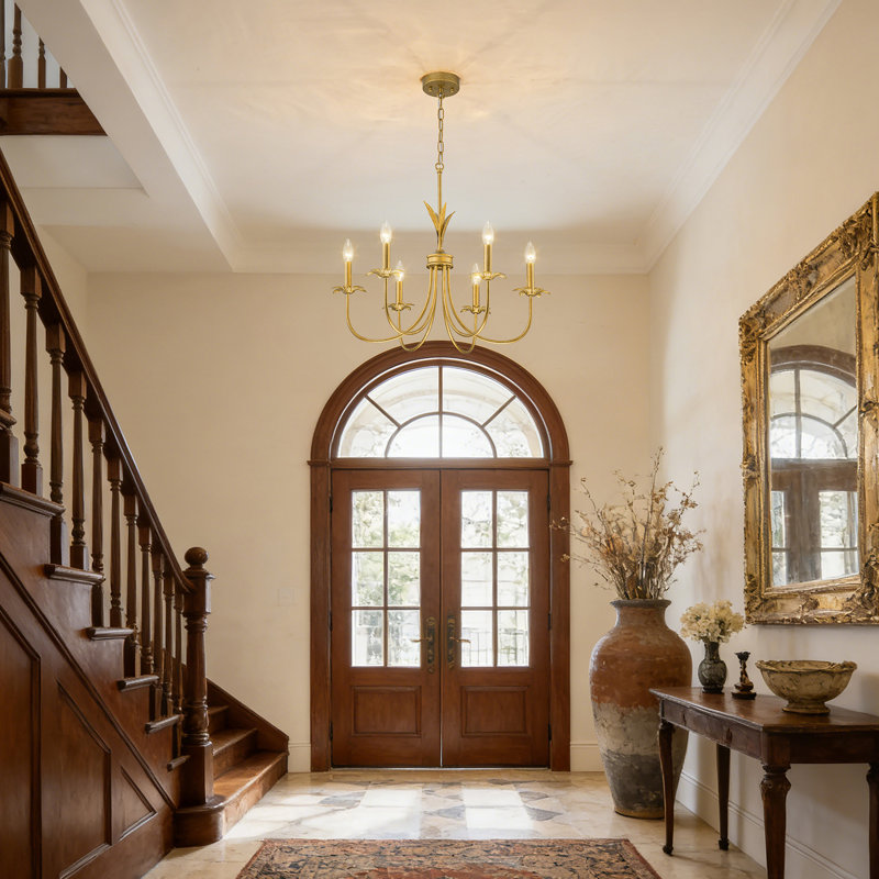6-Light Dimmable Classic/Traditional Chandelier, Candle-Style Light Fixture For Dining Room & Entryway, Gold