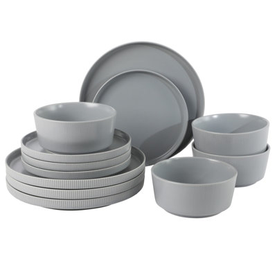 Gibson Home Dempsey Road 12-Piece Stoneware Dinnerware Set – Service for 4, Round Grey Plates and Bowls, Durable Modern Embossed Dish Set