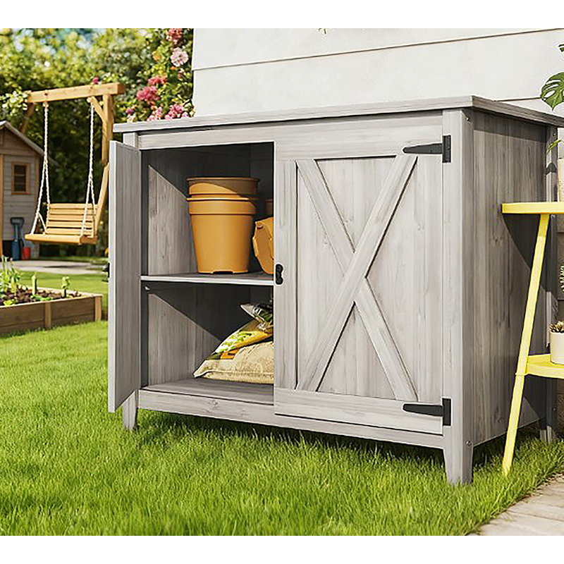 Armoire de rangement extérieure en bois avec tablette et portes doubles, Gris clair