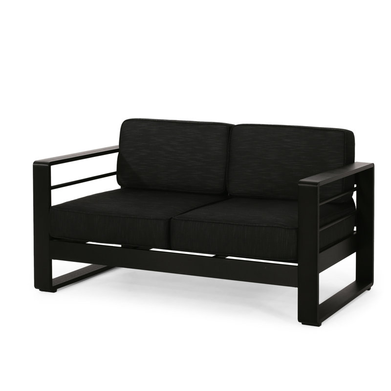 Besy Outdoor Loveseat, Black Cushion And Square Metal Frame, 57 Inch
