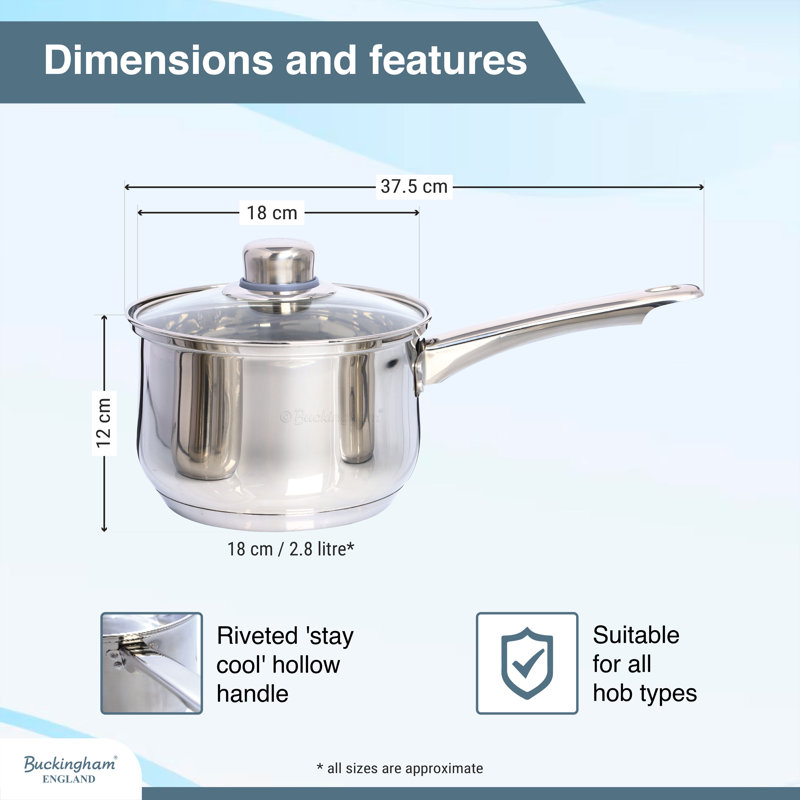 Buckingham Deep Induction Stainless Steel Saucepan with Glass Lid 18 cm 2.8 Litres