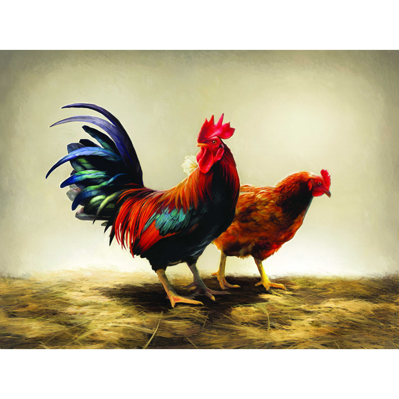 Peinture de coq et de poule, H 18 po x l 24 po