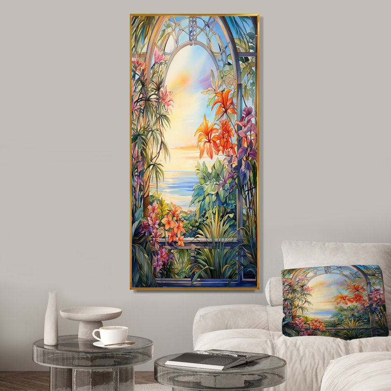 «Tropical Windows View Blooms 3», art mural floral abstrait, Cadre flottant doré, H 60 po x l 28 po x P 1,5 po