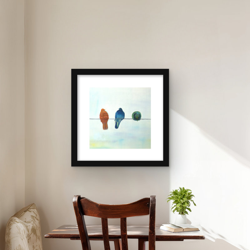 Oiseaux abstraits perchés - reproduction encadrée avec passe-partout | Décoration intérieure, H 16 po x l 16 po, Noir