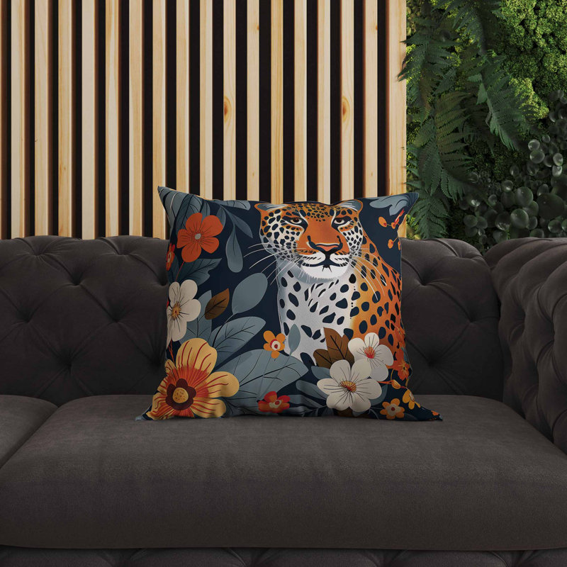Coussin intérieur / extérieur Jungle Cat, Bleu / orange / marine, Carré 16 po