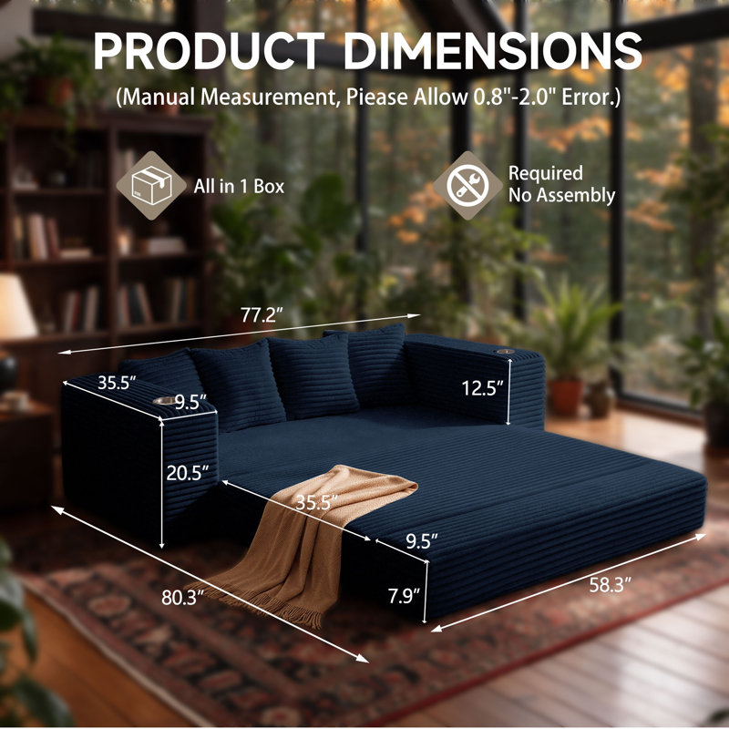 Upholstered 77.2 " Fabric Sofa & Chaise, Blue