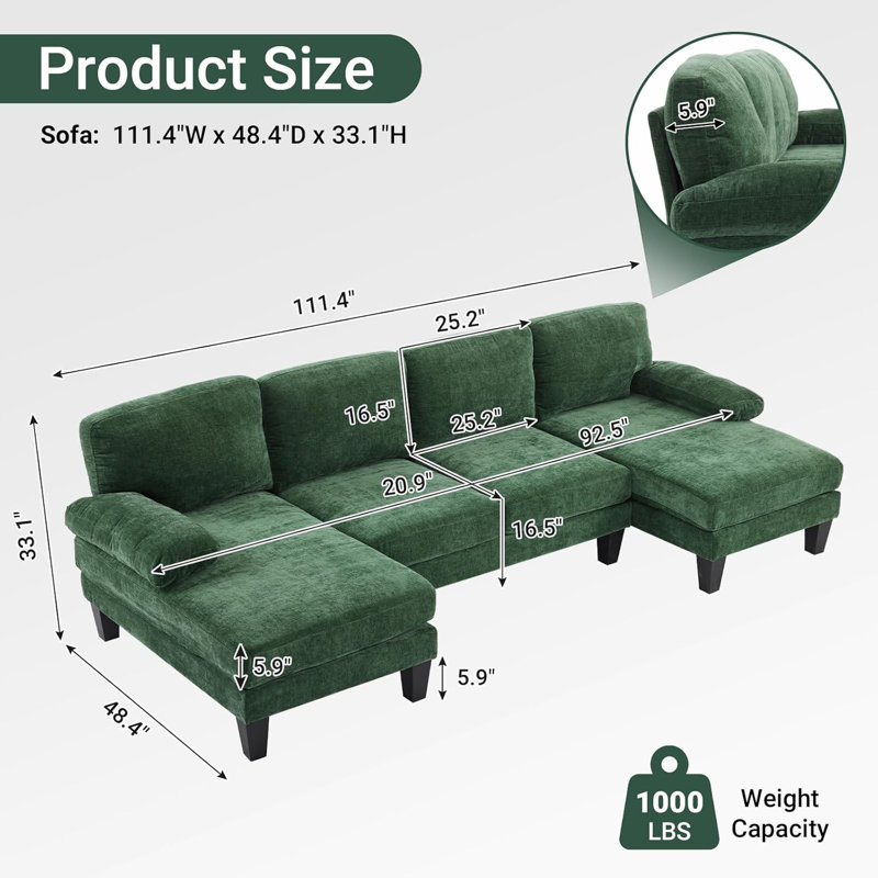 Canapé modulaire en forme de U 111‘ George Oliver, Chenille verte